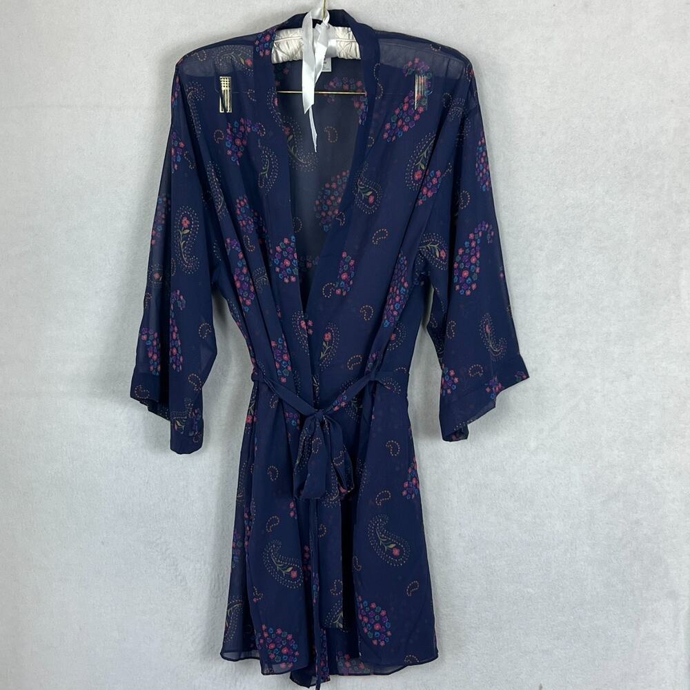 Josie Natori Cover Up Robe Women's Size Medium Tie Sheer Chiffon Purple Paisley